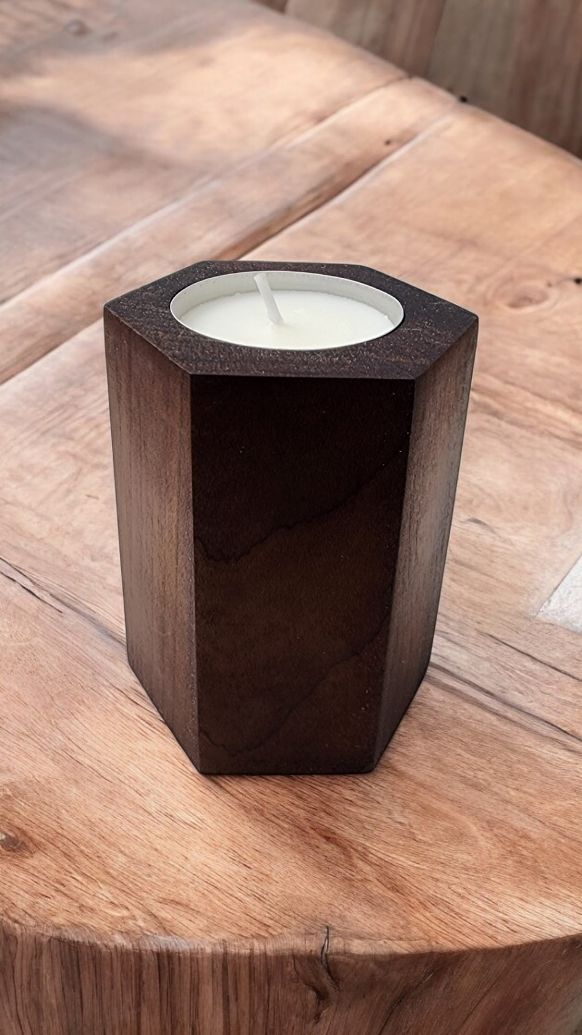 Simple, clean single hexagon wooden candle holder